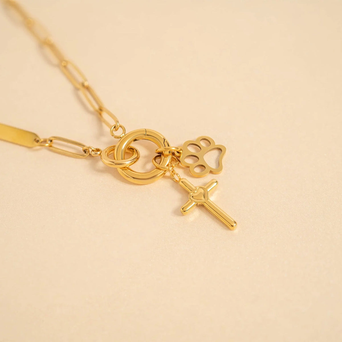 18K Gold PVD Cross with Heart Charm