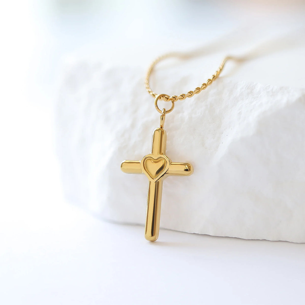 18K Gold PVD Cross with Heart Charm